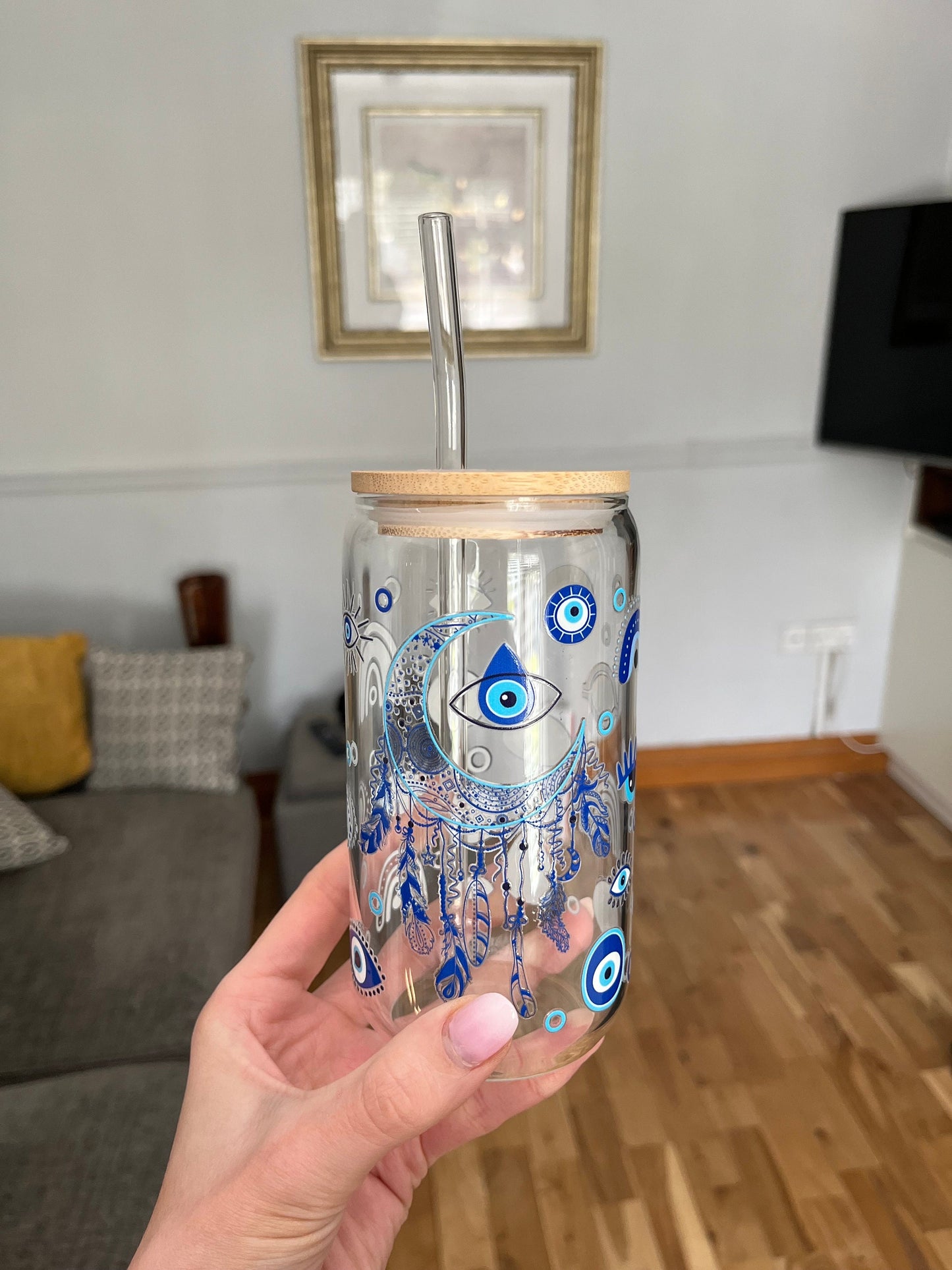 Evil eye blue 16oz Libbey Glass | UvDft | Bamboo lid & glass straw