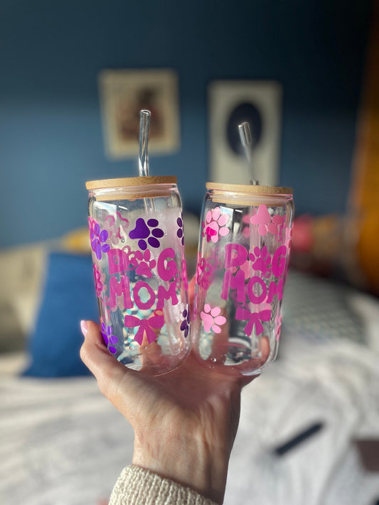 Dog Mom Colour - Changing Libbey Glass  | Bamboo lid & glass straw