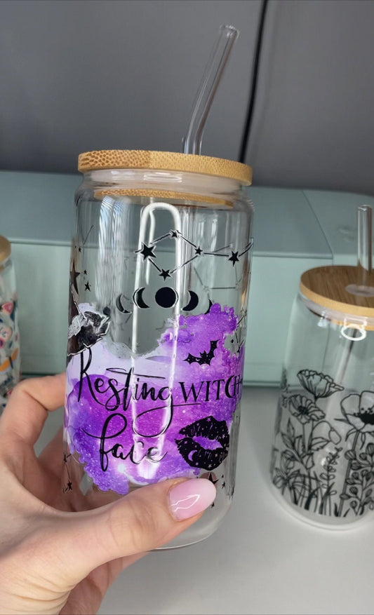 Resting Witch face 16oz Libbey Glass | UvDft | Bamboo lid & glass straw